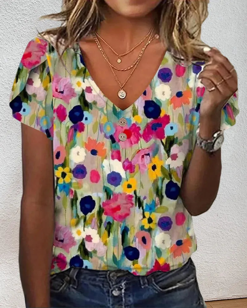 KurzÃ¤rmlige Farbenfrohe Blumenbluse mit V-Ausschnitt
