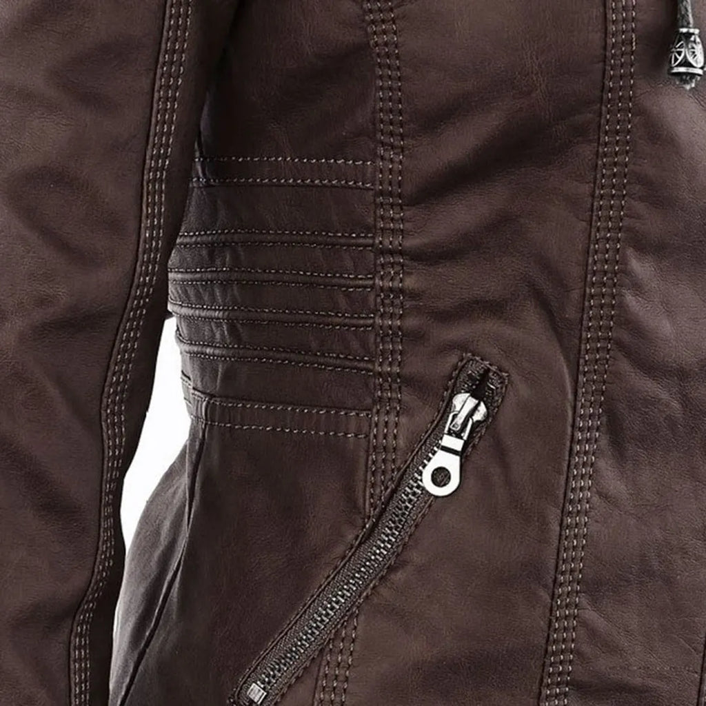 - Damen Lederjacke mit Kapuze