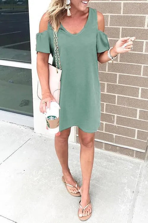V Neck Cold Shoulder Solid T Shirt Dress
