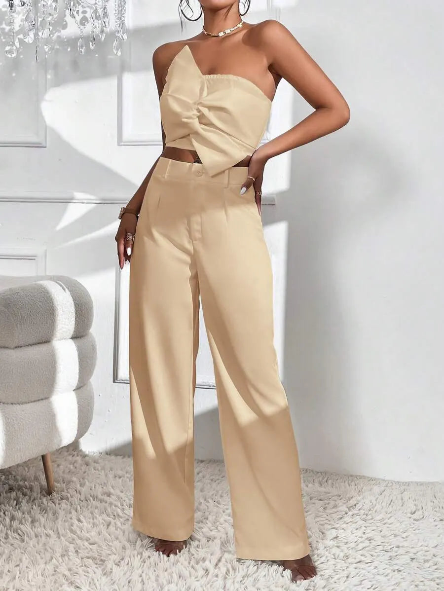 Conjunto Feminino CalÃ§a e Cropped Bege Lys
