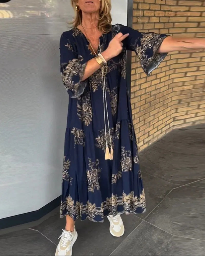 Nerea - Ny Vintage løs V-hals kjole