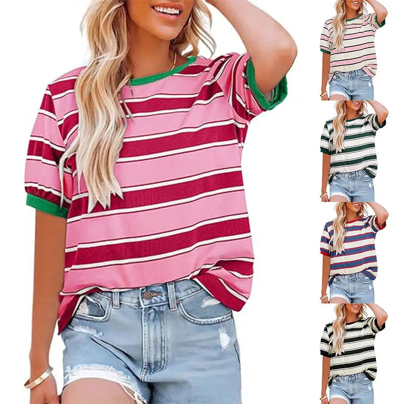 Damen lÃ¤ssiges Streifen T-Shirt mit Kurzarm und Rundhalsausschnitt