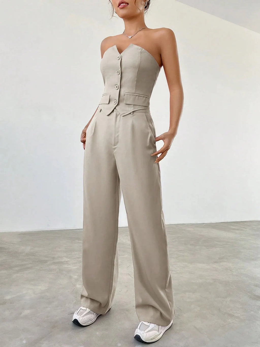 Conjunto Feminino CalÃ§a e Cropped Bege JÃºlia