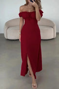 Sexy Solid Color Draw String Slit Off Shoulder A Line Dresses