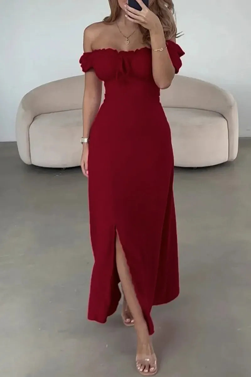 Sexy Solid Color Draw String Slit Off Shoulder A Line Dresses