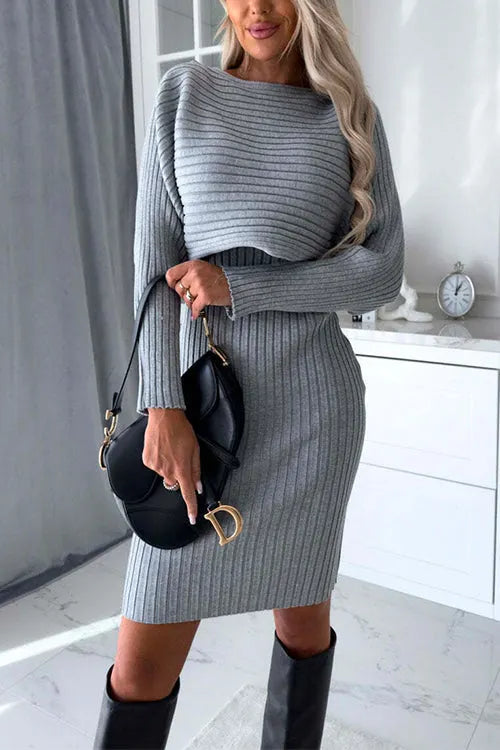 Ribbed Knit Long Sleeves Crop Pullover and Bodycon Cami Dress Set