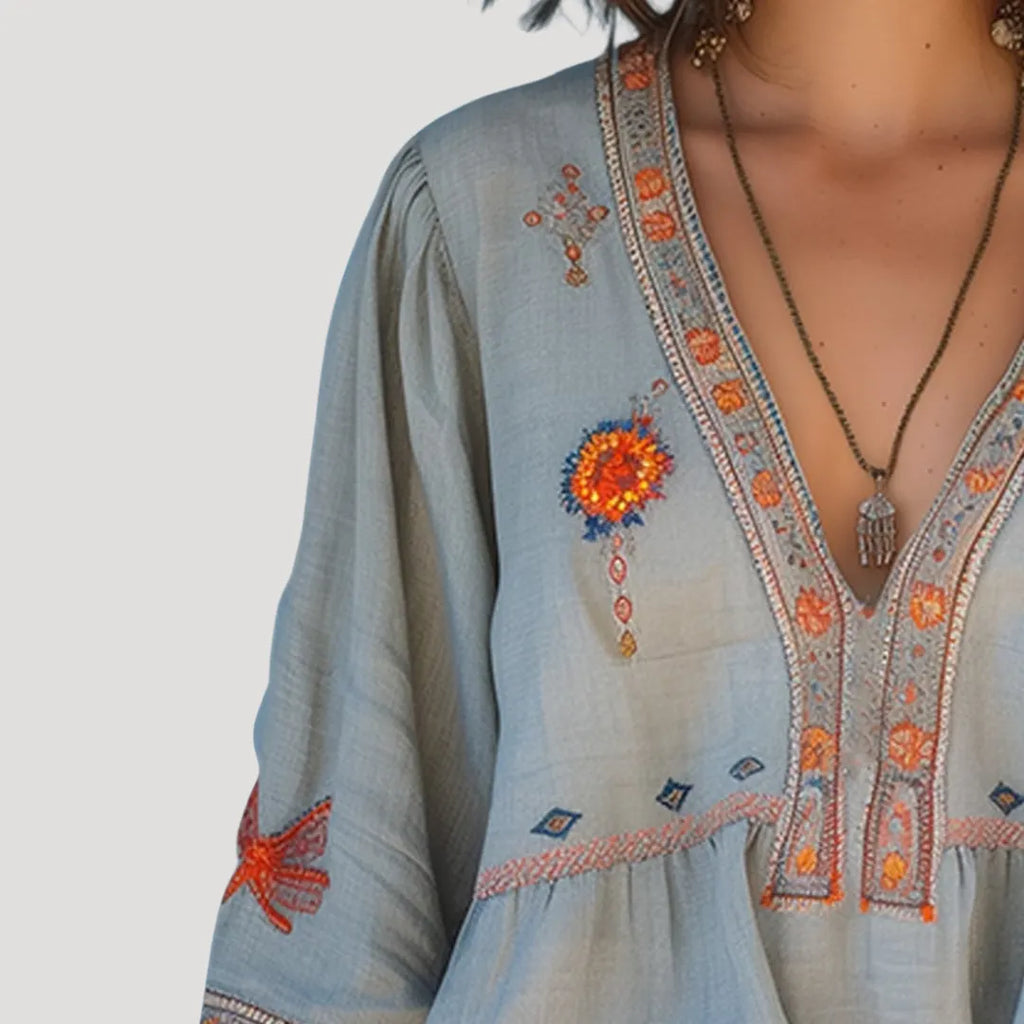 Bohemian women's blouse with floral embroidery and V-neck collar
