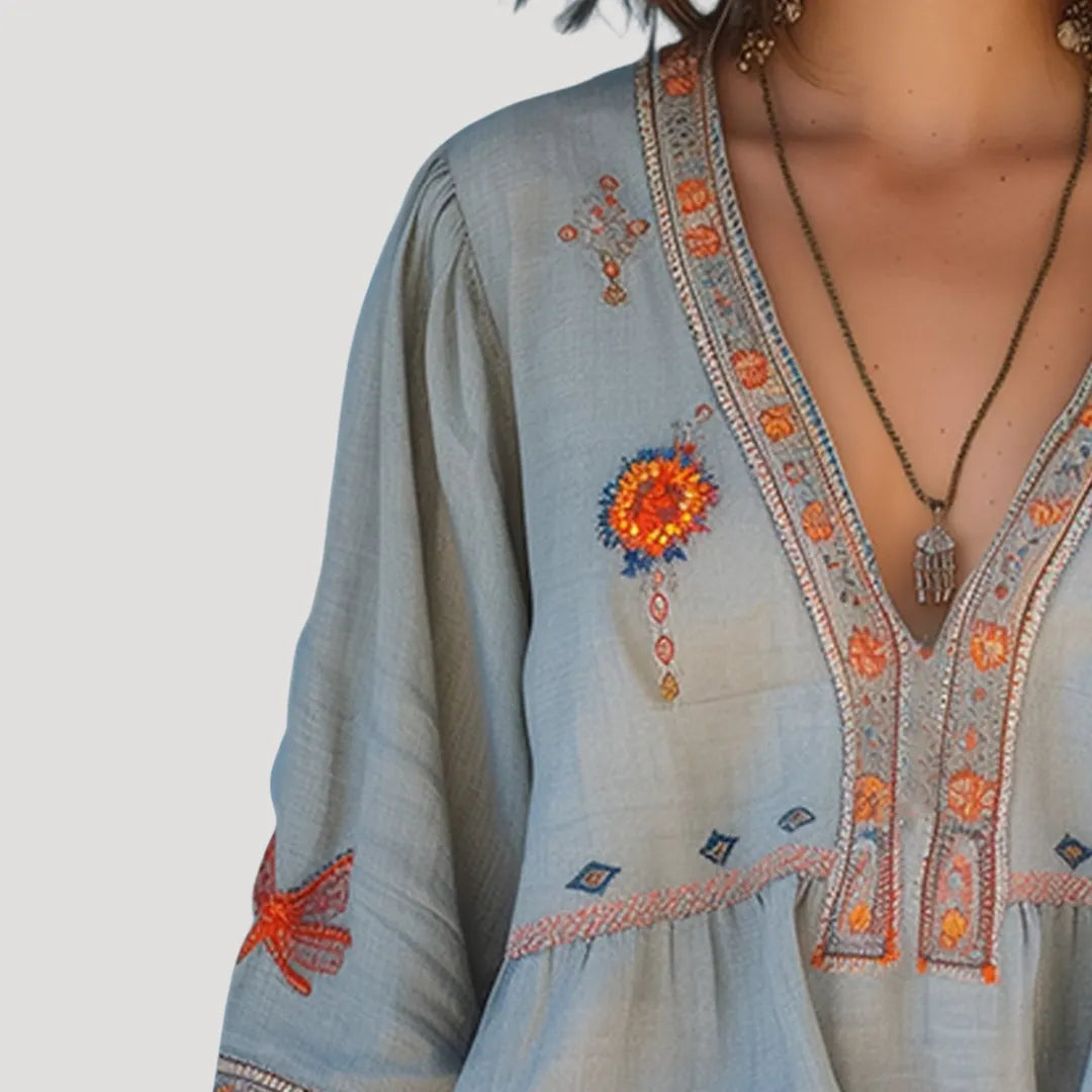 Bohemian women's blouse with floral embroidery and V-neck collar