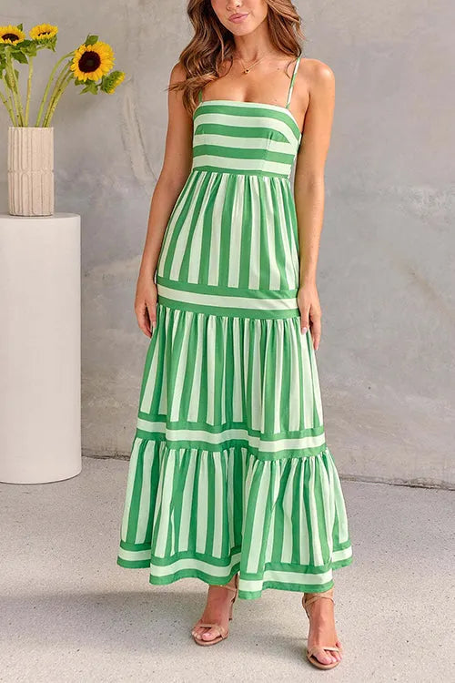 Spaghetti Strap Ruffle Tiered Color Block Striped Maxi Dress