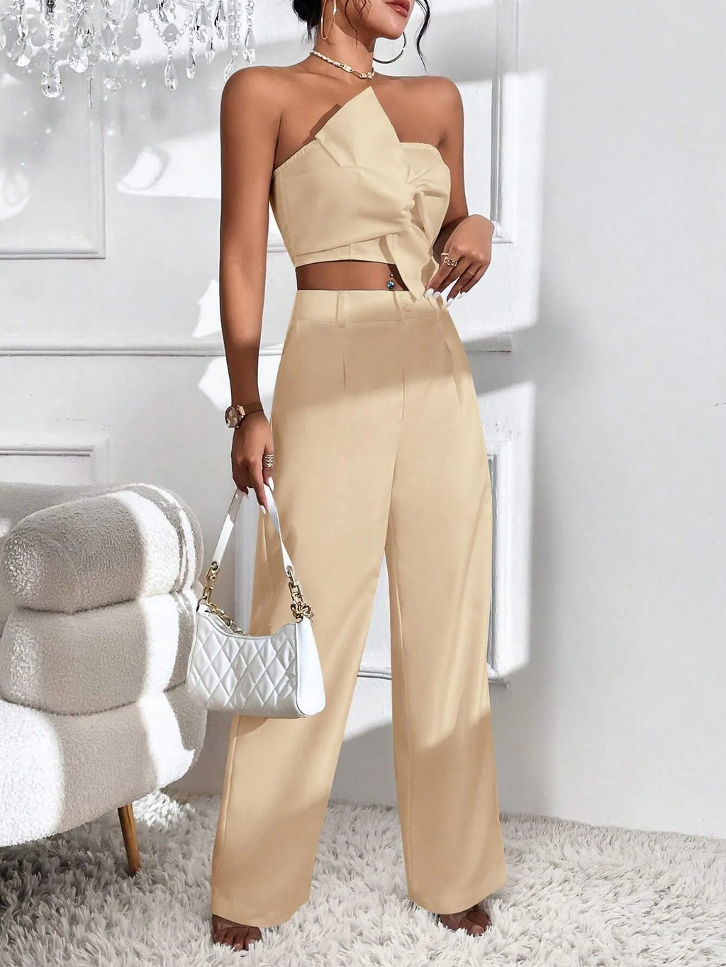 Conjunto Feminino CalÃ§a e Cropped Bege Lys