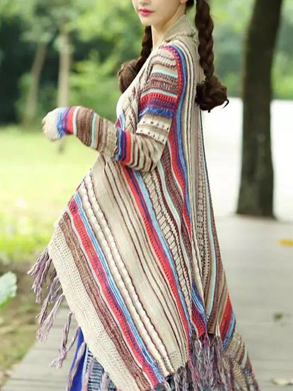 Ethnic Bohemian Striped Long Sleeve Tassel Knitted Cardigan Sweater