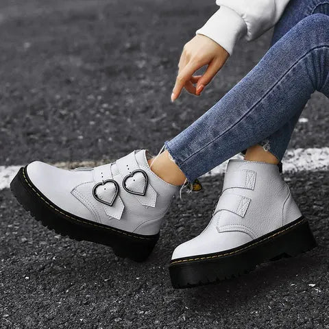 Comfortable Women's Ankle Boots With Heart Buckle And Chunky Sole