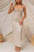 Side Slit Back Lace-up Sequin Maxi Cami Dress