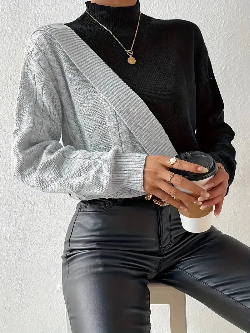 Farbblock Rollkragenpullover – Edles Zopfstrick Design