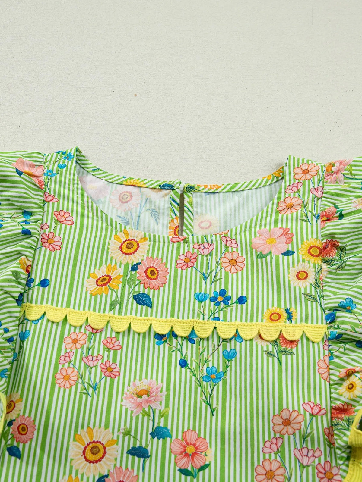 Stripe Floral Printed Scalloped Detail Ruffle Short Sleeve Blouse