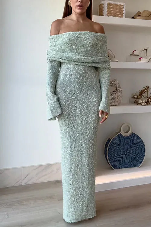 Off Shoulder Hollow-out Knit Stretchy Maxi Dress