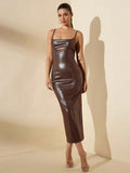 Vestido Midi em Couro Marrom Iolanda
