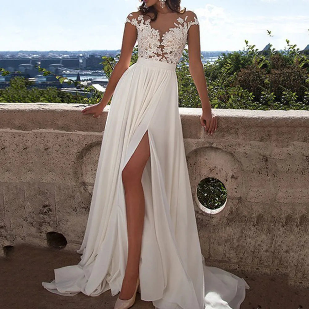 Damen Abendkleid aus Spitze mit floraler Verzierung, Beinschlitz und transparentem RÃ¼cken