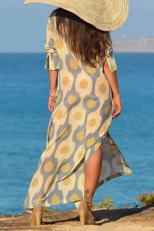 V Neck Side Split Printed Maxi Holiday Dress