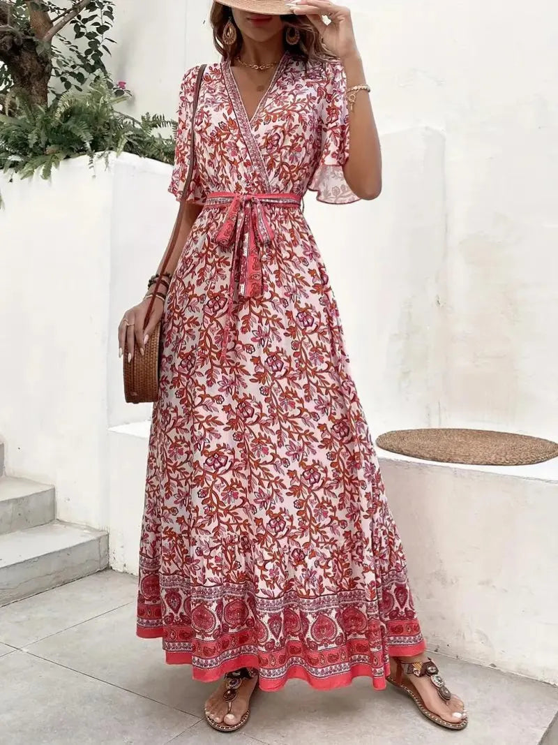 Fließendes Blumen-Maxikleid mit V-Ausschnitt & Bindegürtel