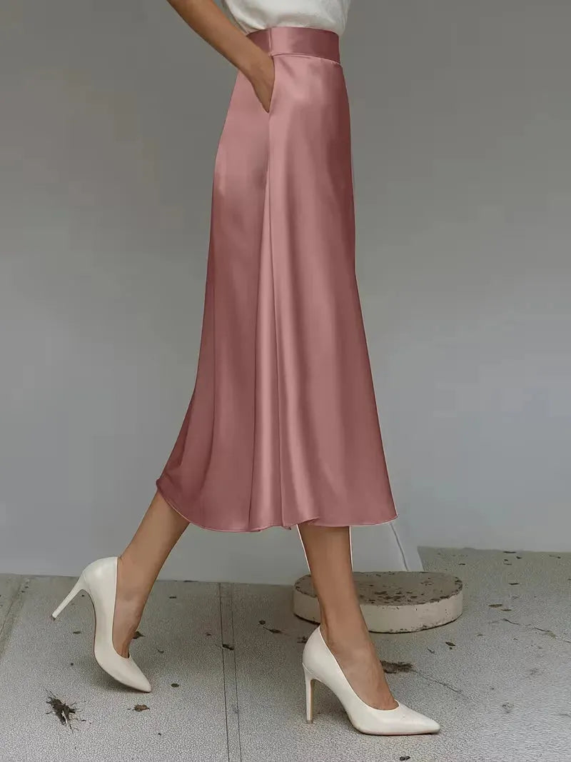Satin Skirt for Women with High Waist and Midi Length
