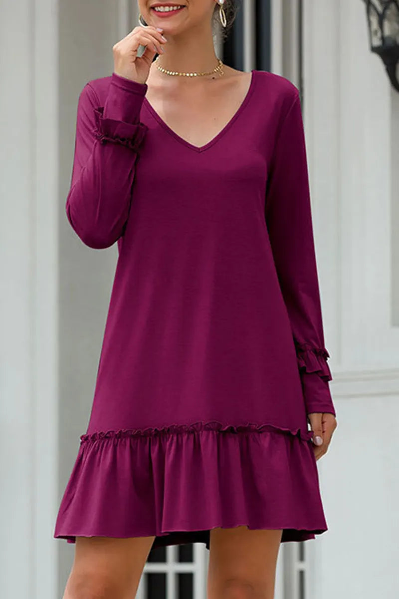 Casual Solid Flounce V Neck Straight Dresses