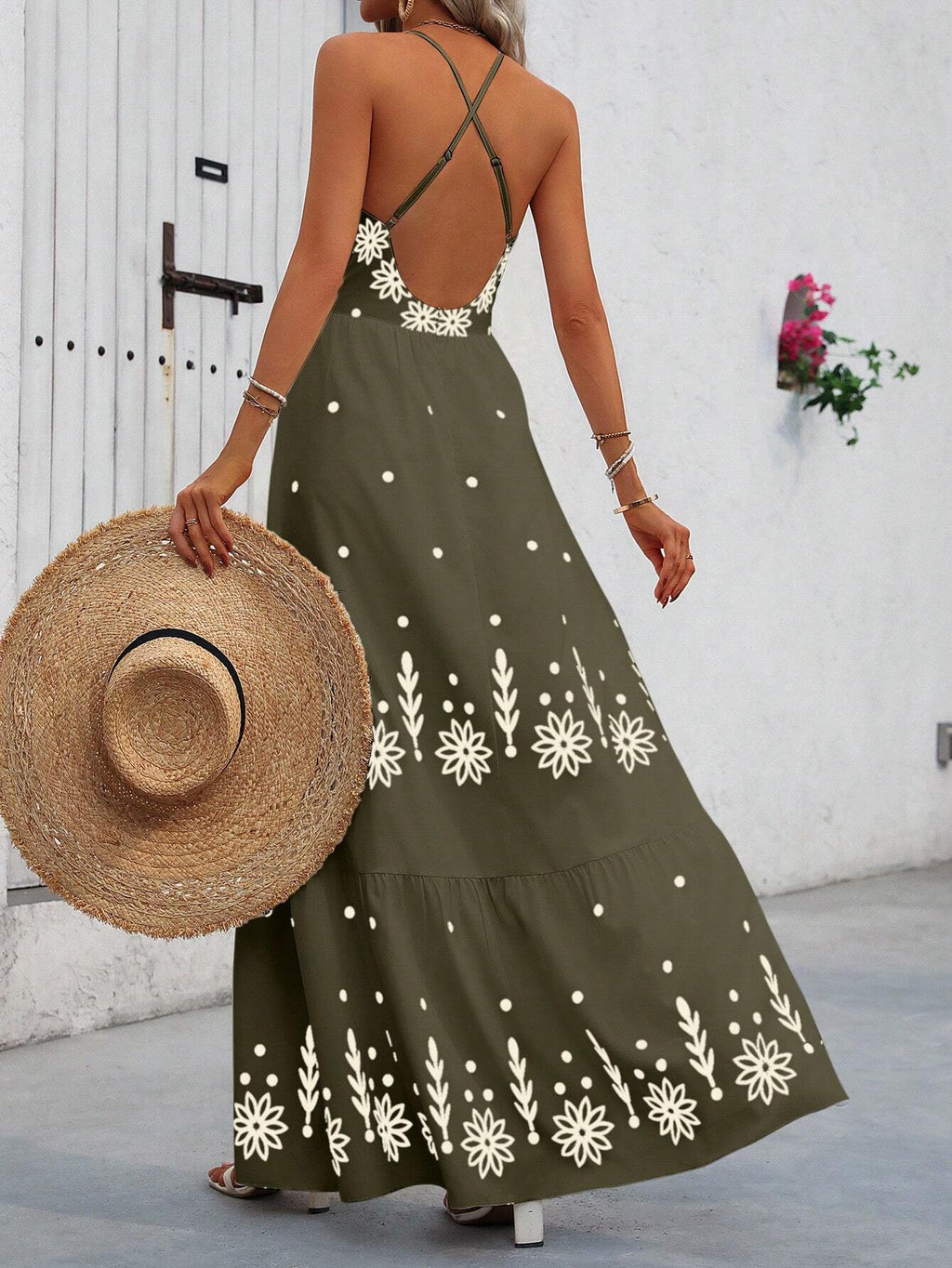 Vestido Longo Verde Militar Estampa Flores