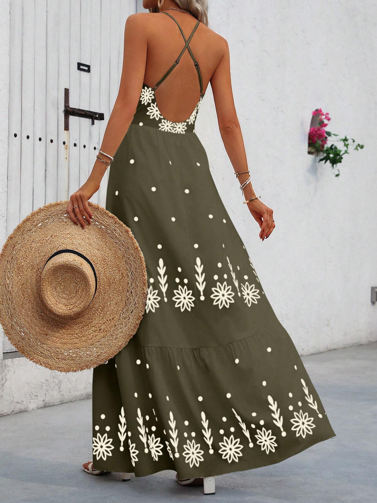 Vestido Longo Verde Militar Estampa Flores