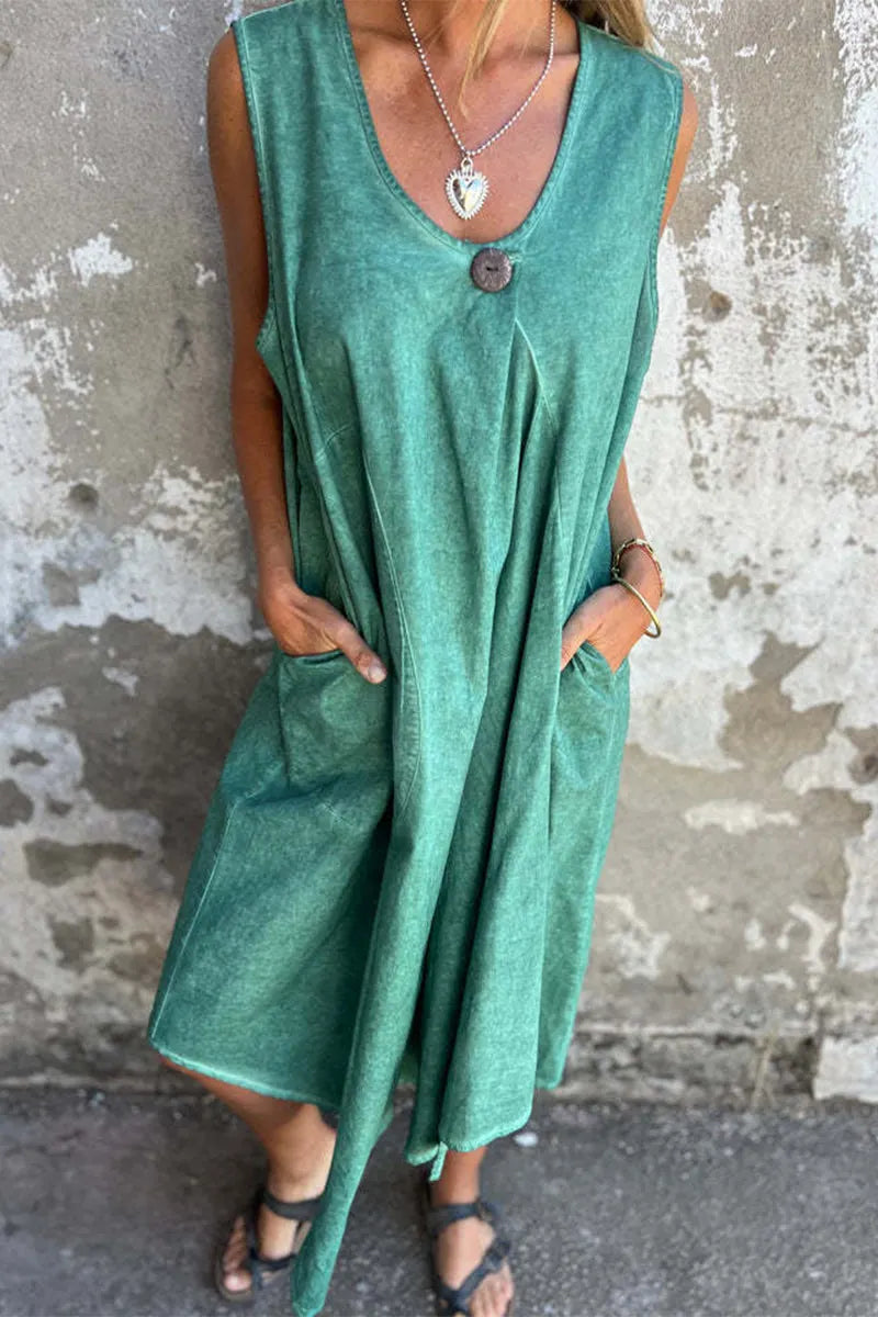 Casual Solid Color Pocket Buttons O Neck Sleeveless Dresses