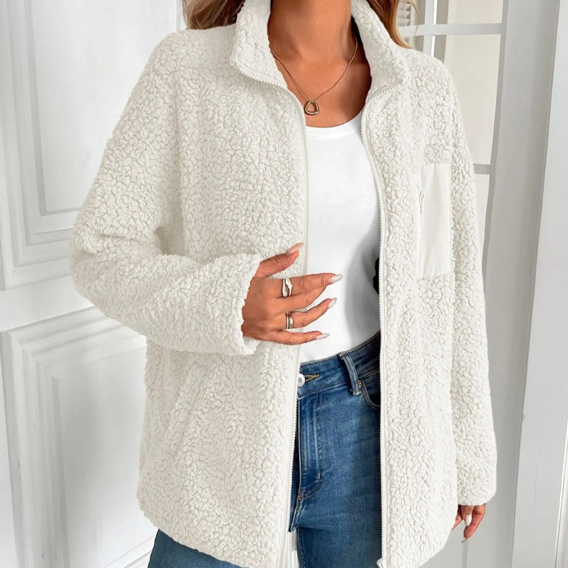LÃ¤ssige Winter Zip-Up Fuzzy Jacke fÃ¼r Damen
