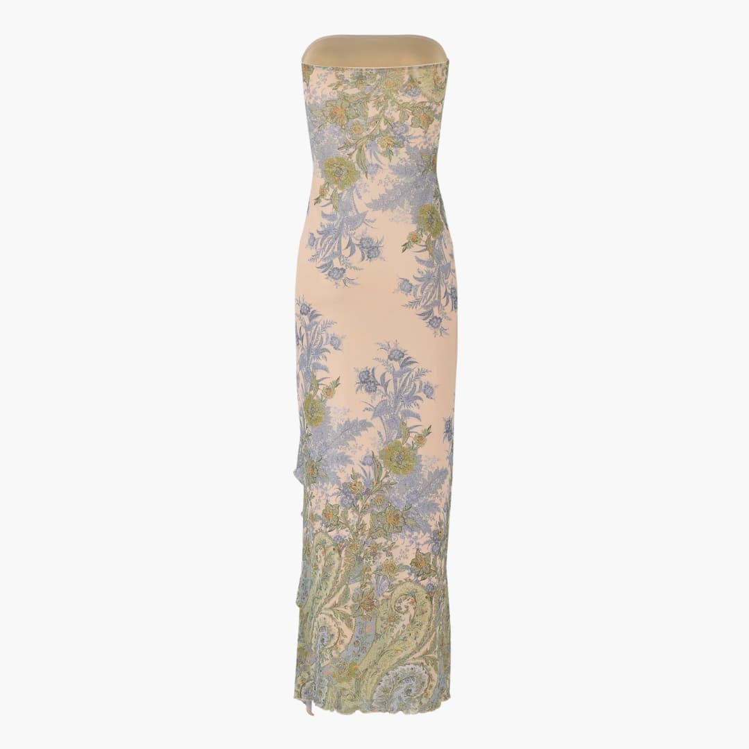 Womenâ€™s strapless maxi dress with high slit and floral print