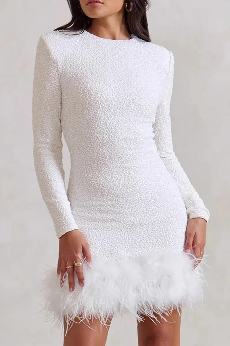 Sexy Party Solid Color Sequins Feather Hemline O Neck Evening Dresses