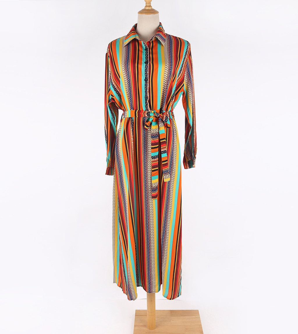 New Shirt Collar Color Strip Button Belt Beach Cover up