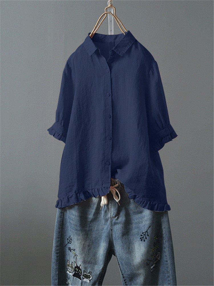 Solid Casual 3/4 Sleeve Turn-down Collar Tops