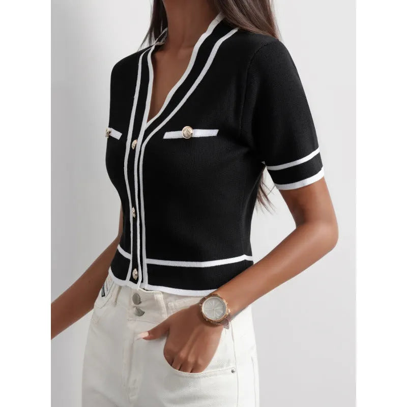Short-sleeved V-neck blouse