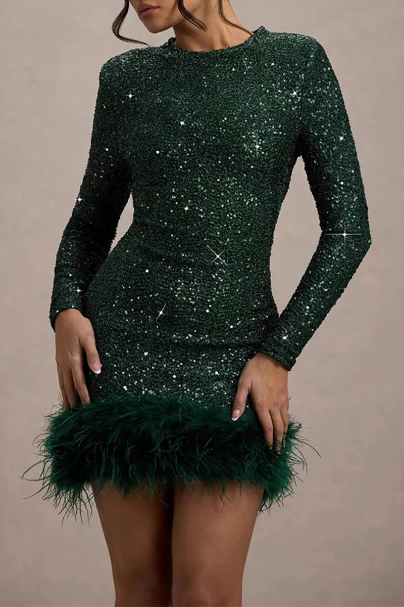 Sexy Party Solid Color Sequins Feather Hemline O Neck Evening Dresses