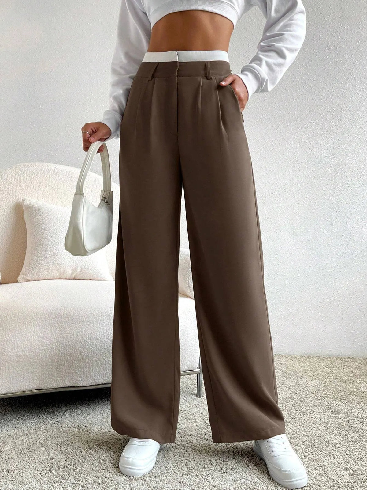 CalÃ§a Feminina Pantalona Paris Marrom com Branco