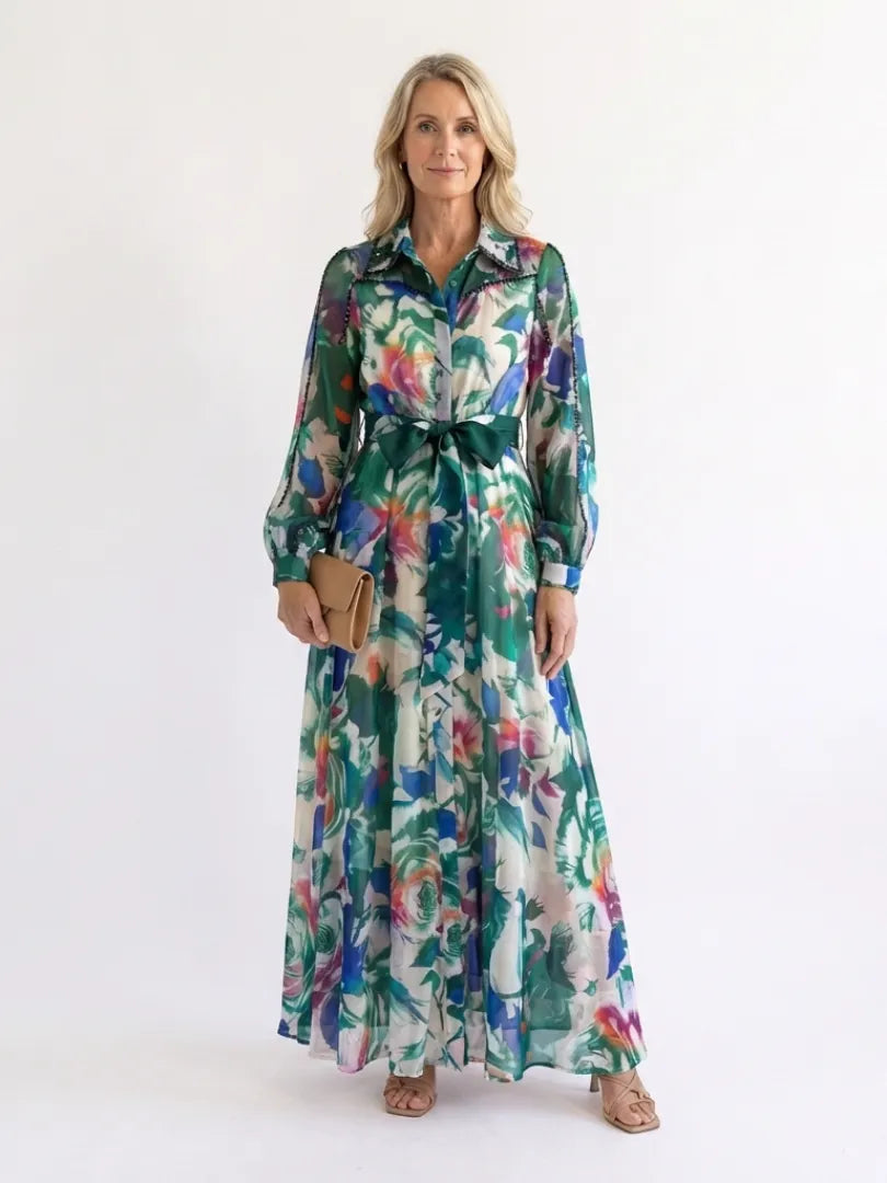 Carolina | Long Sleeve Printed Belted Maxi Dress