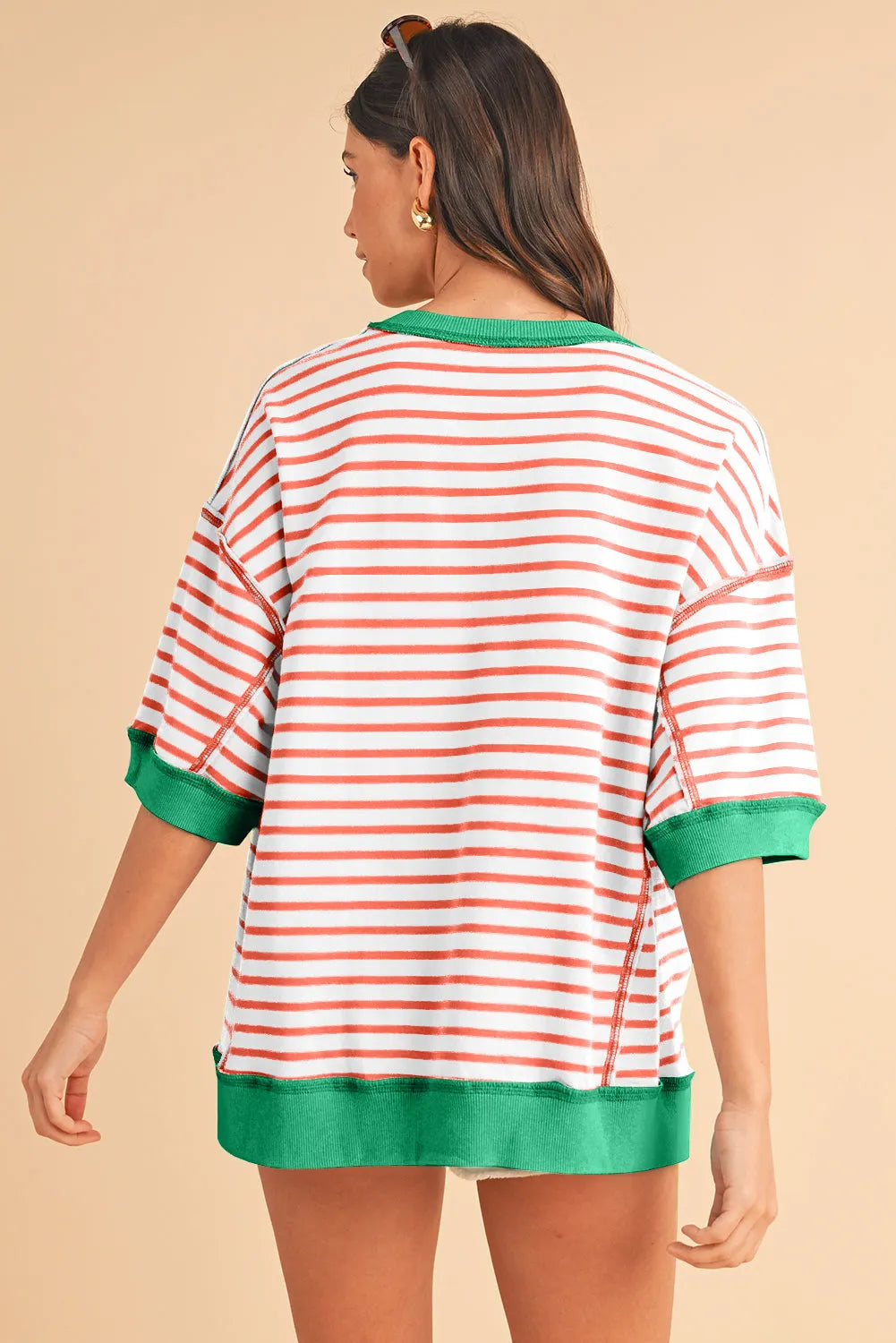 ISA | Gestreept Loose Fit T-Shirt Voor Dames Met Contrast Trim En Wijde Mouwen – Comfortabel, Casual, Stijlvol