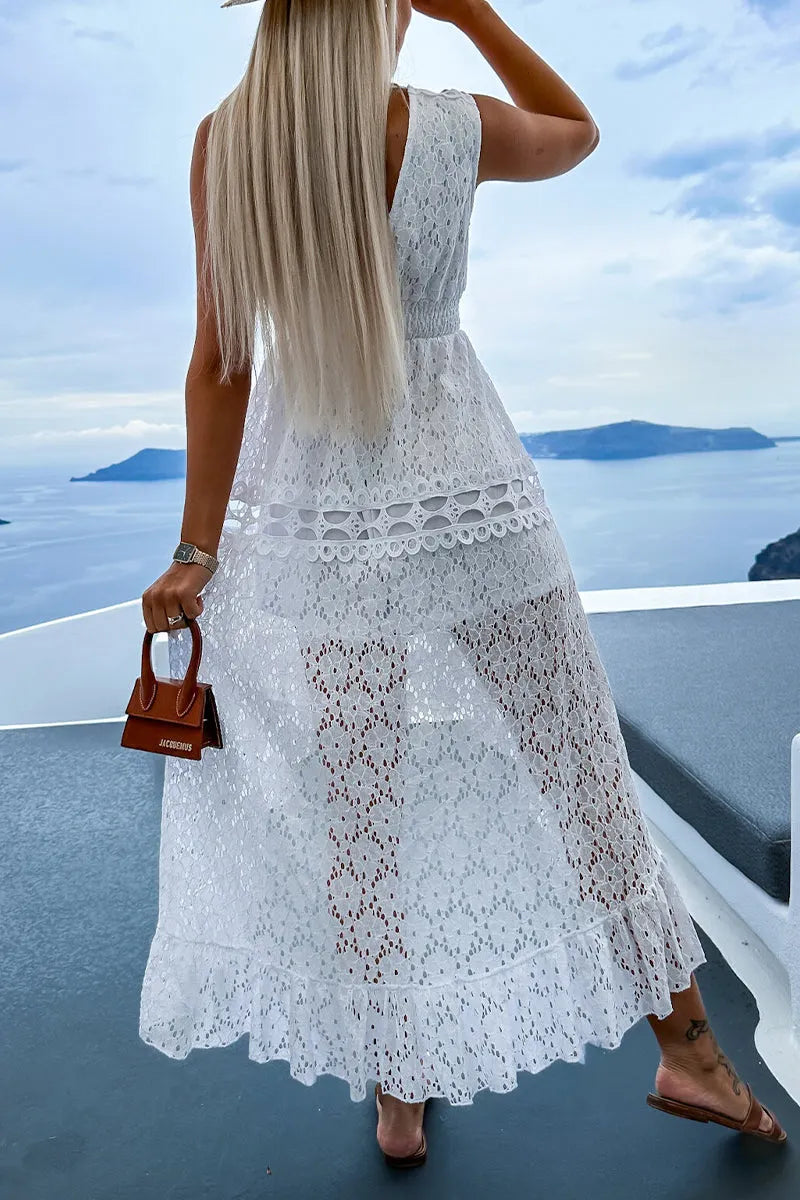 Sexy Vacation Solid Lace V Neck Sleeveless Dress Dresses