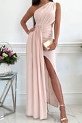 Solid One Shoulder Sleeveless Cut Out Slit Maxi Dress