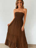 Vestido Feminino Longo Com Babado Liso Marrom
