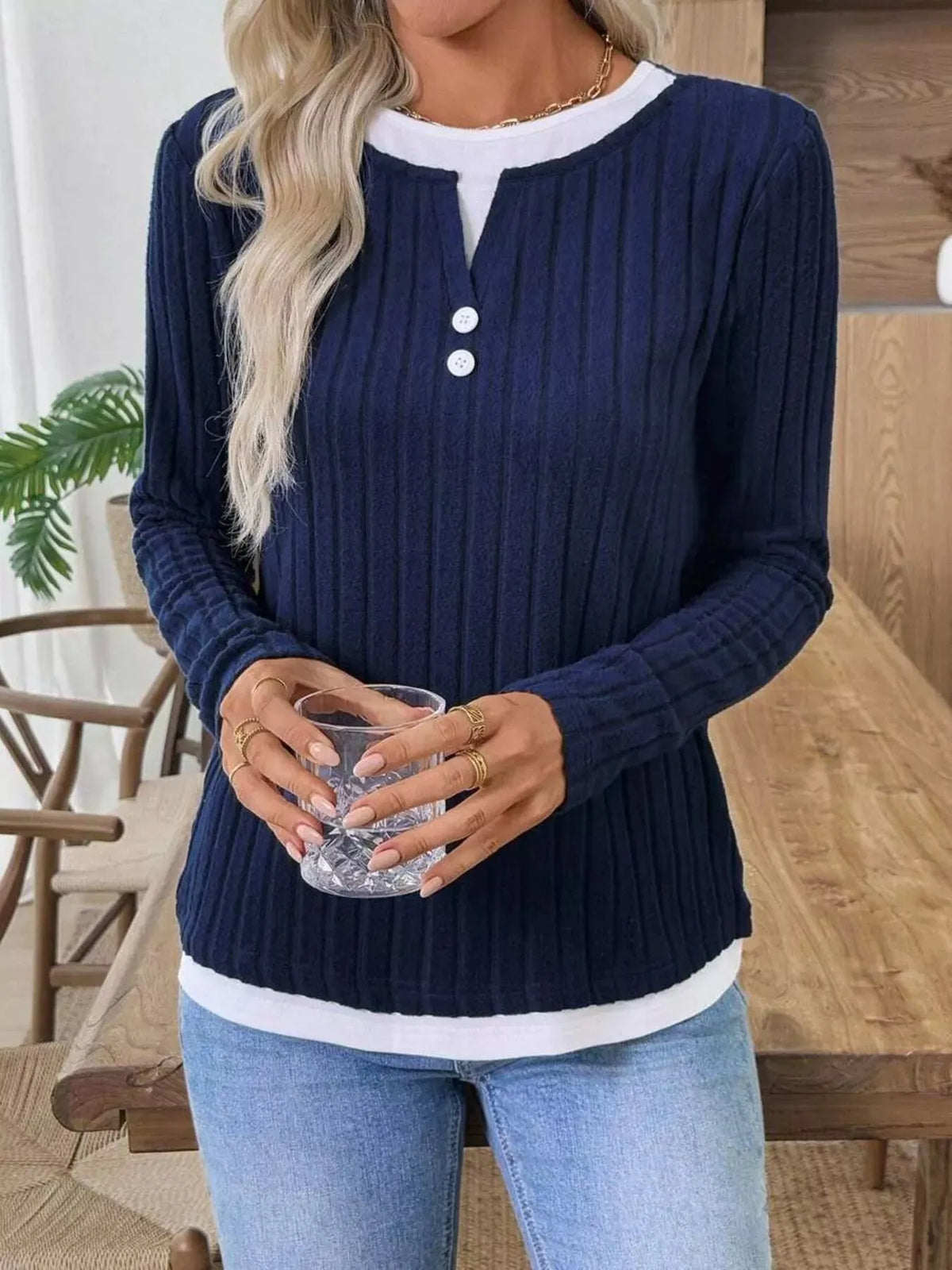 Ribbed Knit Button Detail Contrast Sweater