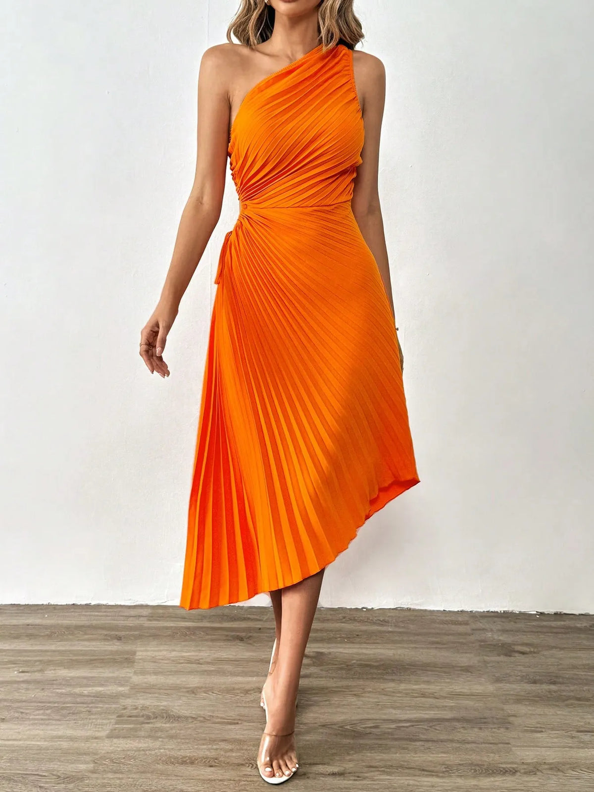 Vestido Midi Feminino Eleonora Laranja Plissado