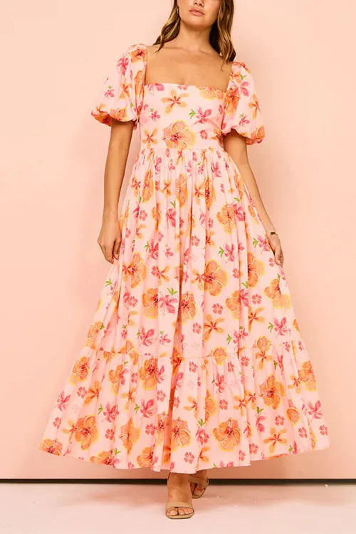 Square Neck Puff Sleeves Floral Print Ruffle Maxi Dress