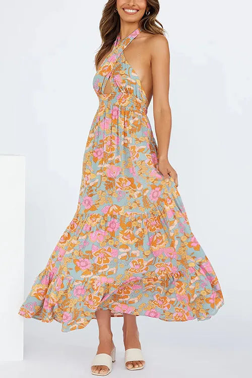 Criss Cross Halter Backless Cut Out Slit Floral Maxi Dress