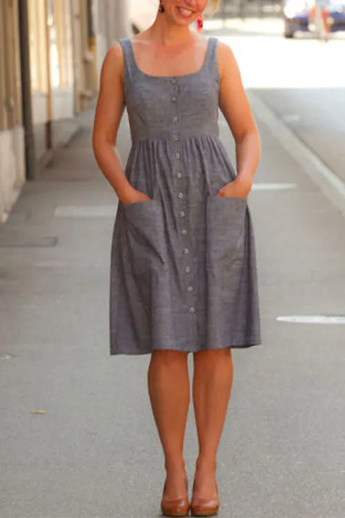 U Neck Button Down Tank Dress with Pockets