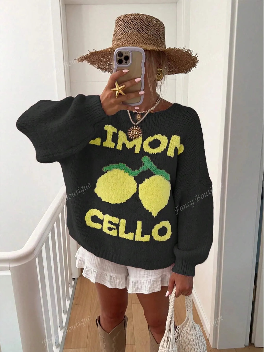 Strickpullover mit Zitronenprint für Damen