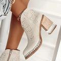 Damen-Lederstiefel mit besticktem Muster und Blockabsatz