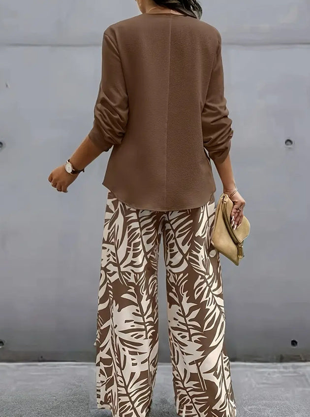 V-neck top and printed pants set